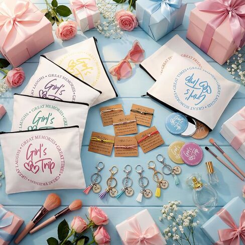 Liliaafar 24 Pcs Girls Trip Gift Favors 6 Makeup Bags 6 Keychains 6 Travel Mirrors 6 Getaway Bracelets Girls Weekend Cosmetic Pouch for Sisters Friends Bestie Bachelorette Party Supplies in Saudi Arabia