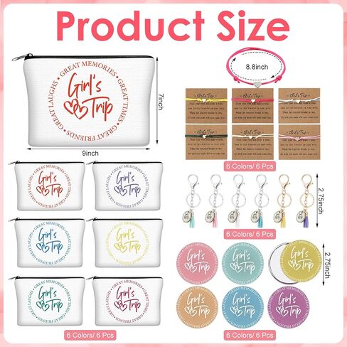 Liliaafar 24 Pcs Girls Trip Gift Favors 6 Makeup Bags 6 Keychains 6 Travel Mirrors 6 Getaway Bracelets Girls Weekend Cosmetic Pouch for Sisters Friends Bestie Bachelorette Party Supplies in Saudi Arabia