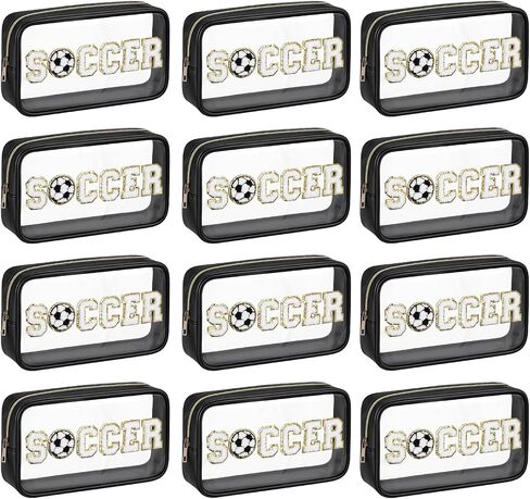 Reallnaive 12 Pcs Soccer Clear Cosmetic Makeup Bag with Chenille Letter Patch Sport Goodie Clear PVC Pouch Organizer Waterproof Travel Toiletry Bags for Sports Theme Birthday Party Supplies in Saudi Arabia