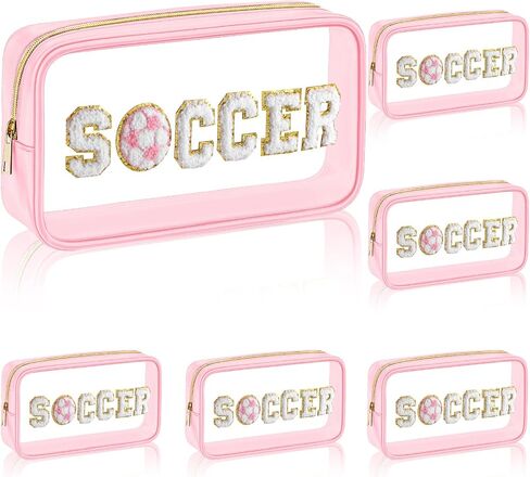 Reallnaive 12 Pcs Soccer Clear Cosmetic Makeup Bag with Chenille Letter Patch Sport Goodie Clear PVC Pouch Organizer Waterproof Travel Toiletry Bags for Sports Theme Birthday Party Supplies in Saudi Arabia