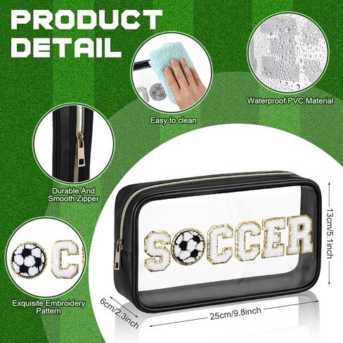 Reallnaive 12 Pcs Soccer Clear Cosmetic Makeup Bag with Chenille Letter Patch Sport Goodie Clear PVC Pouch Organizer Waterproof Travel Toiletry Bags for Sports Theme Birthday Party Supplies in Saudi Arabia
