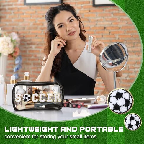 Reallnaive 12 Pcs Soccer Clear Cosmetic Makeup Bag with Chenille Letter Patch Sport Goodie Clear PVC Pouch Organizer Waterproof Travel Toiletry Bags for Sports Theme Birthday Party Supplies in Saudi Arabia