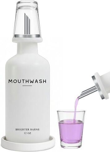Glass Mouthwash Dispenser for Bathroom by Brighter Barns - Refillable Mouthwash Container with Glass Cup and Tray - Mouth Wash Dispensers for Bathroom Sink, Home Decor, Airbnb, Office, Hotel (Clear) in Saudi Arabia
