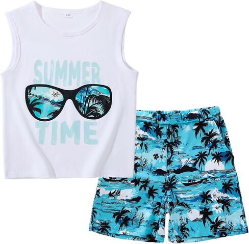 Boys 2-Piece Sets Summer Outfit Casual Clothes Sleeveless Tank Top & Striped Shorts,Size 6-12 Years in Kuwait