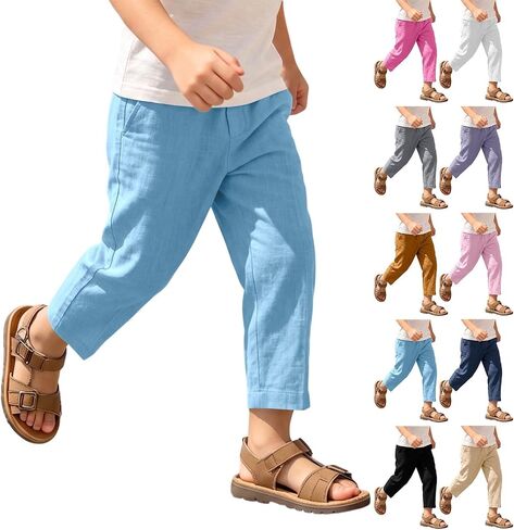 Boys Cotton Linen Pants Loose Fit Elastic Waist Casual Trousers 2026 Breathable Spring Summer Pants with Pockets for Kids in Saudi Arabia