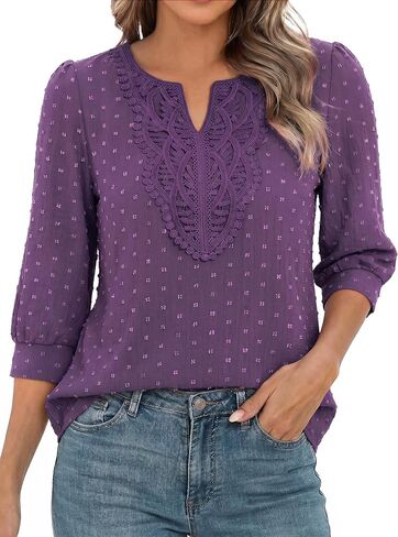 Funlingo Boho Tops for Women 3/4 Sleeve V Neck Blouses Dressy Casual Swiss Dot Lace Shirts Trendy Vacation Clothes in Saudi Arabia