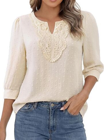 Funlingo Boho Tops for Women 3/4 Sleeve V Neck Blouses Dressy Casual Swiss Dot Lace Shirts Trendy Vacation Clothes in Saudi Arabia