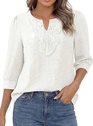 Funlingo Boho Tops for Women 3/4 Sleeve V Neck Blouses Dressy Casual Swiss Dot Lace Shirts Trendy Vacation Clothes in Saudi Arabia