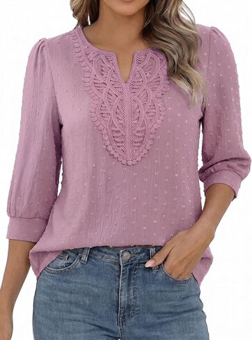 Funlingo Boho Tops for Women 3/4 Sleeve V Neck Blouses Dressy Casual Swiss Dot Lace Shirts Trendy Vacation Clothes in Saudi Arabia