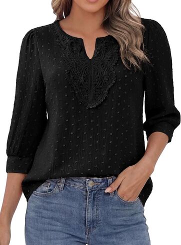 Funlingo Boho Tops for Women 3/4 Sleeve V Neck Blouses Dressy Casual Swiss Dot Lace Shirts Trendy Vacation Clothes in Saudi Arabia