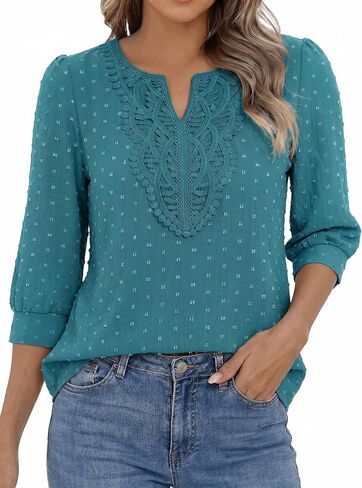 Funlingo Boho Tops for Women 3/4 Sleeve V Neck Blouses Dressy Casual Swiss Dot Lace Shirts Trendy Vacation Clothes in Saudi Arabia