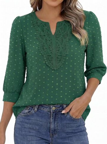 Funlingo Boho Tops for Women 3/4 Sleeve V Neck Blouses Dressy Casual Swiss Dot Lace Shirts Trendy Vacation Clothes in Saudi Arabia
