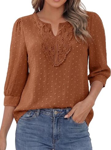 Funlingo Boho Tops for Women 3/4 Sleeve V Neck Blouses Dressy Casual Swiss Dot Lace Shirts Trendy Vacation Clothes in Saudi Arabia
