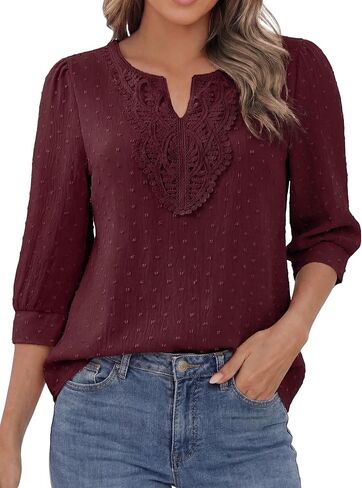Funlingo Boho Tops for Women 3/4 Sleeve V Neck Blouses Dressy Casual Swiss Dot Lace Shirts Trendy Vacation Clothes in Saudi Arabia