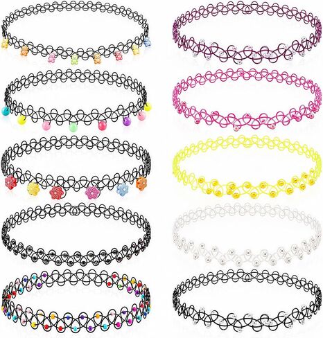 10PCS 90s Tattoo Choker Necklace Set with Colorful Beads, Multi-Color Stretchy Elastic Vintage Y2K Fashion Jewelry, Adjustable Retro Gothic Grunge Aesthetic Accessories for Women in Saudi Arabia