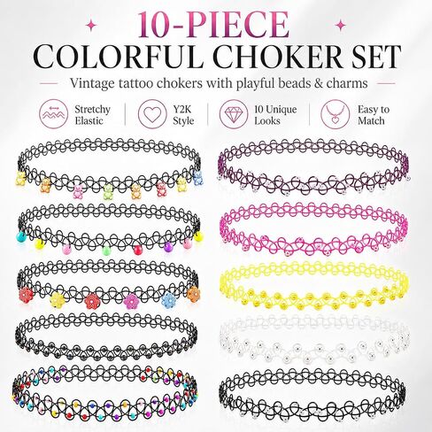 10PCS 90s Tattoo Choker Necklace Set with Colorful Beads, Multi-Color Stretchy Elastic Vintage Y2K Fashion Jewelry, Adjustable Retro Gothic Grunge Aesthetic Accessories for Women in Saudi Arabia