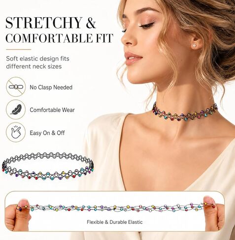 10PCS 90s Tattoo Choker Necklace Set with Colorful Beads, Multi-Color Stretchy Elastic Vintage Y2K Fashion Jewelry, Adjustable Retro Gothic Grunge Aesthetic Accessories for Women in Saudi Arabia