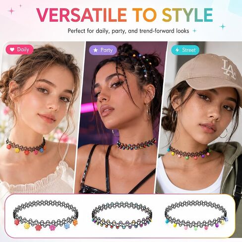 10PCS 90s Tattoo Choker Necklace Set with Colorful Beads, Multi-Color Stretchy Elastic Vintage Y2K Fashion Jewelry, Adjustable Retro Gothic Grunge Aesthetic Accessories for Women in Saudi Arabia