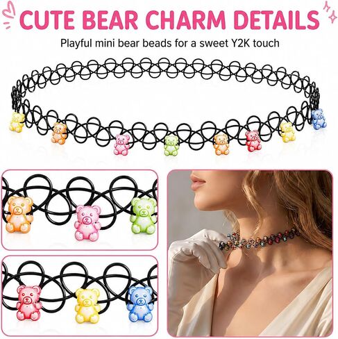 10PCS 90s Tattoo Choker Necklace Set with Colorful Beads, Multi-Color Stretchy Elastic Vintage Y2K Fashion Jewelry, Adjustable Retro Gothic Grunge Aesthetic Accessories for Women in Saudi Arabia
