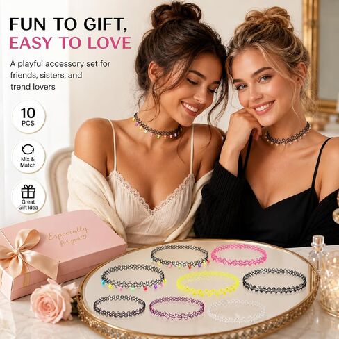 10PCS 90s Tattoo Choker Necklace Set with Colorful Beads, Multi-Color Stretchy Elastic Vintage Y2K Fashion Jewelry, Adjustable Retro Gothic Grunge Aesthetic Accessories for Women in Saudi Arabia