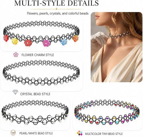 10PCS 90s Tattoo Choker Necklace Set with Colorful Beads, Multi-Color Stretchy Elastic Vintage Y2K Fashion Jewelry, Adjustable Retro Gothic Grunge Aesthetic Accessories for Women in Saudi Arabia