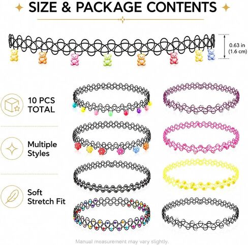 10PCS 90s Tattoo Choker Necklace Set with Colorful Beads, Multi-Color Stretchy Elastic Vintage Y2K Fashion Jewelry, Adjustable Retro Gothic Grunge Aesthetic Accessories for Women in Saudi Arabia