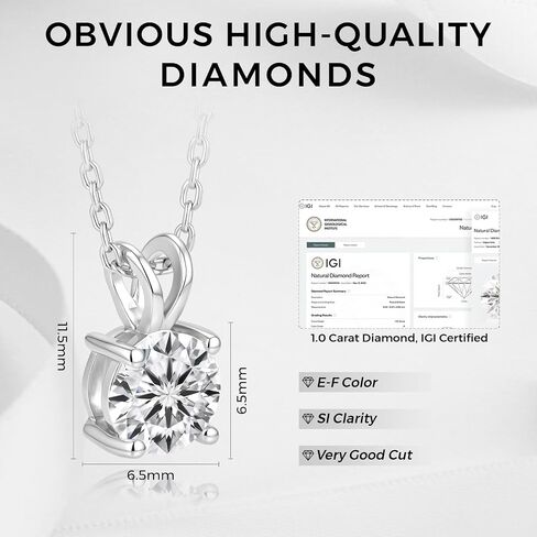 1.0 Carat Diamond Necklace, IGI Certified LAB GROWN Round Diamond Solitaire Necklaces for Women, 4 Prong Set, Pendant Jewelry for Women (E-F Color, SI Clarity) in Saudi Arabia