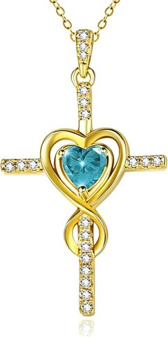 Cross Necklace for Women 14K Gold Plated Dainty Heart Birthstone Pendant Infinity Necklaces Religious Jewelry Christian Baptism Faith Anniversary Birthday Gifts for Wife Mom in Saudi Arabia