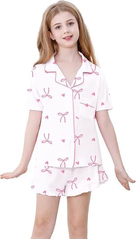 Schbbbta Girls Pajamas Set 3 Piece Button Down Sleepwear Short Sleeve Long Pants with Shorts Pjs Ruffle Nightwear 5-14 Years in Kuwait