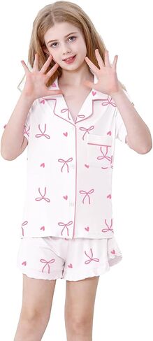 Schbbbta Girls Pajamas Set 3 Piece Button Down Sleepwear Short Sleeve Long Pants with Shorts Pjs Ruffle Nightwear 5-14 Years in Kuwait