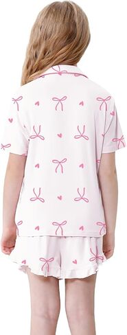 Schbbbta Girls Pajamas Set 3 Piece Button Down Sleepwear Short Sleeve Long Pants with Shorts Pjs Ruffle Nightwear 5-14 Years in Kuwait