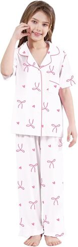 Schbbbta Girls Pajamas Set 3 Piece Button Down Sleepwear Short Sleeve Long Pants with Shorts Pjs Ruffle Nightwear 5-14 Years in Kuwait