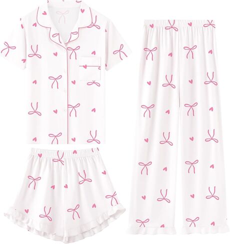 Schbbbta Girls Pajamas Set 3 Piece Button Down Sleepwear Short Sleeve Long Pants with Shorts Pjs Ruffle Nightwear 5-14 Years in Kuwait