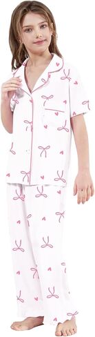 Schbbbta Girls Pajamas Set 3 Piece Button Down Sleepwear Short Sleeve Long Pants with Shorts Pjs Ruffle Nightwear 5-14 Years in Kuwait