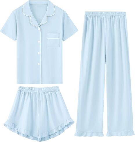 Schbbbta Girls Pajamas Set 3 Piece Button Down Sleepwear Short Sleeve Long Pants with Shorts Pjs Ruffle Nightwear 5-14 Years in Kuwait