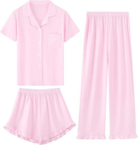 Schbbbta Girls Pajamas Set 3 Piece Button Down Sleepwear Short Sleeve Long Pants with Shorts Pjs Ruffle Nightwear 5-14 Years in Kuwait