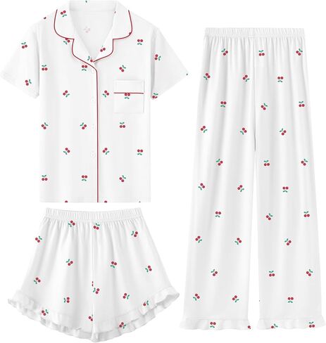 Schbbbta Girls Pajamas Set 3 Piece Button Down Sleepwear Short Sleeve Long Pants with Shorts Pjs Ruffle Nightwear 5-14 Years in Kuwait