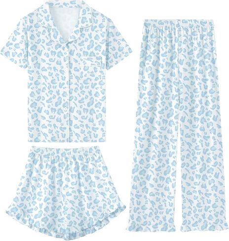 Schbbbta Girls Pajamas Set 3 Piece Button Down Sleepwear Short Sleeve Long Pants with Shorts Pjs Ruffle Nightwear 5-14 Years in Kuwait