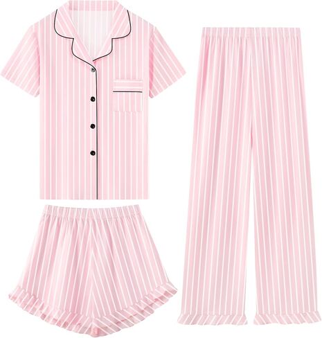 Schbbbta Girls Pajamas Set 3 Piece Button Down Sleepwear Short Sleeve Long Pants with Shorts Pjs Ruffle Nightwear 5-14 Years in Kuwait