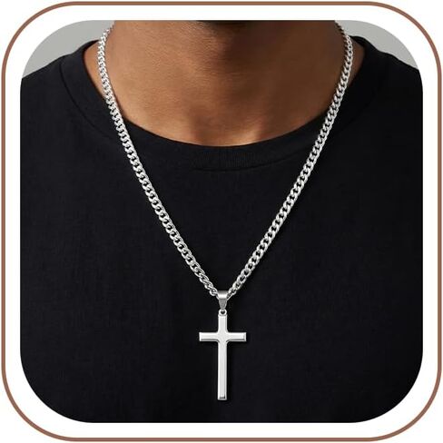 925 Sterling Silver Cross Necklace for Men,5mm Diamond Cut Cuban Link Curb Chain Crucifix Pendant Necklace Jewelry Christian Baptism Gift 18/20/22/24 Inch in Saudi Arabia