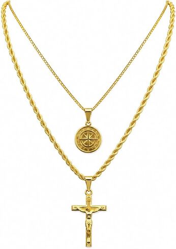 2 Chain + 2 Pendants - Silver Steel Rope (4mm, 20 inches), Cuban (3mm, 18 inches) with Cross and Coin Pendant for Men and Women, Waterproof in Kuwait