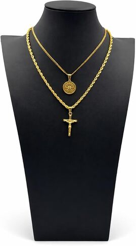 2 Chain + 2 Pendants - Silver Steel Rope (4mm, 20 inches), Cuban (3mm, 18 inches) with Cross and Coin Pendant for Men and Women, Waterproof in Kuwait
