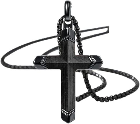 Wooden Cross Necklace for Men, Real Ebony Black Stainless Steel Crucifix Pendant, Christian Baptism Gift with 24" Box Chain in Saudi Arabia