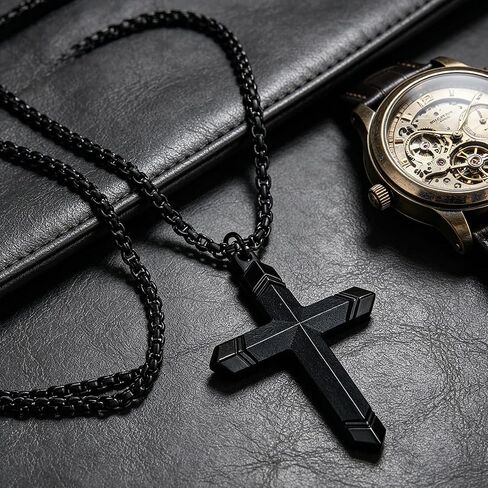 Wooden Cross Necklace for Men, Real Ebony Black Stainless Steel Crucifix Pendant, Christian Baptism Gift with 24" Box Chain in Saudi Arabia