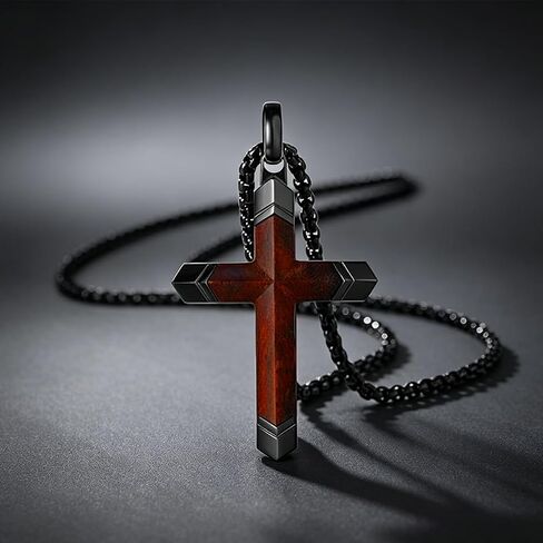 Wooden Cross Necklace for Men, Real Ebony Black Stainless Steel Crucifix Pendant, Christian Baptism Gift with 24" Box Chain in Saudi Arabia
