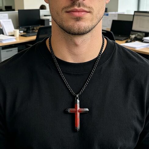 Wooden Cross Necklace for Men, Real Ebony Black Stainless Steel Crucifix Pendant, Christian Baptism Gift with 24" Box Chain in Saudi Arabia