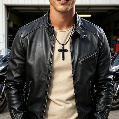 Wooden Cross Necklace for Men, Real Ebony Black Stainless Steel Crucifix Pendant, Christian Baptism Gift with 24" Box Chain in Saudi Arabia
