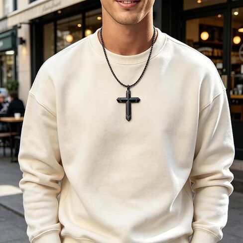 Wooden Cross Necklace for Men, Real Ebony Black Stainless Steel Crucifix Pendant, Christian Baptism Gift with 24" Box Chain in Saudi Arabia