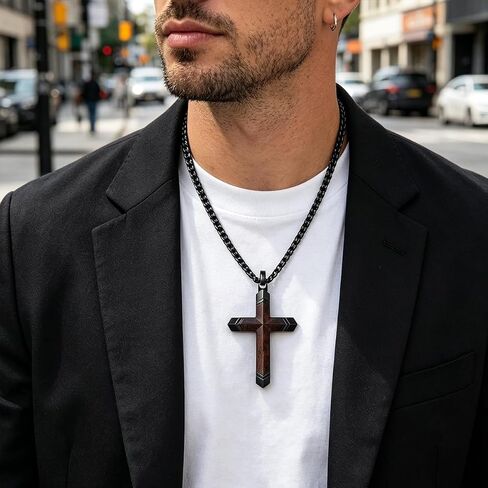 Wooden Cross Necklace for Men, Real Ebony Black Stainless Steel Crucifix Pendant, Christian Baptism Gift with 24" Box Chain in Saudi Arabia
