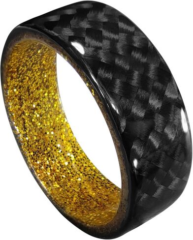 Carbon Fiber Twill Ring with Gold Sparkle Interior for Men or Women, Matte or High Gloss Finish, Durable, Waterproof, Sizes 4-16, Custom Band Widths in Saudi Arabia
